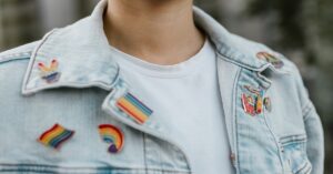 jacket with rainbow pins